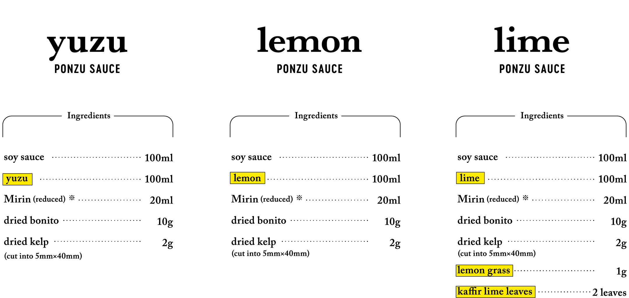 lime PONZU SAUCE lemon PONZU SAUCE yuzu PONZU SAUCE